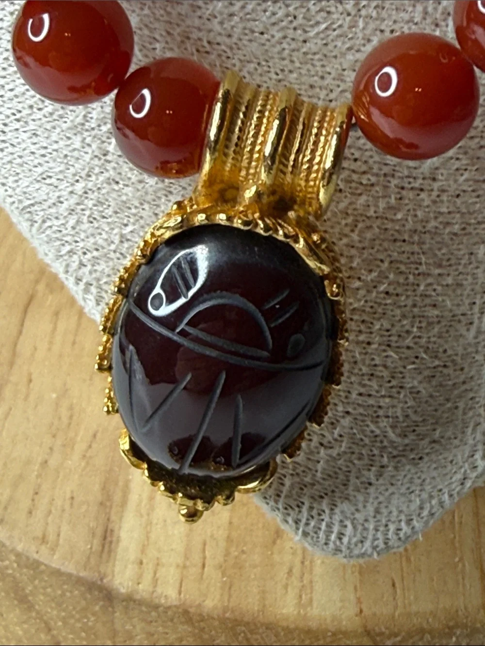 Vintage MMA Carnelian Bead Necklace earring Gold plate Scarab Egyptian revival⭐️ - Picture 5 of 17
